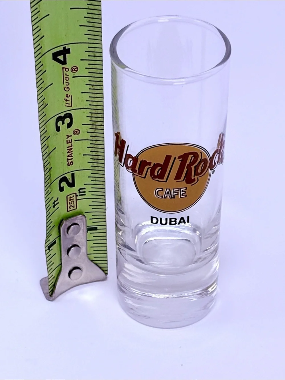 Hard Rock Cafe Dubai HRC Clear Shot Glass with Red and Yellow Logo 4” Tall